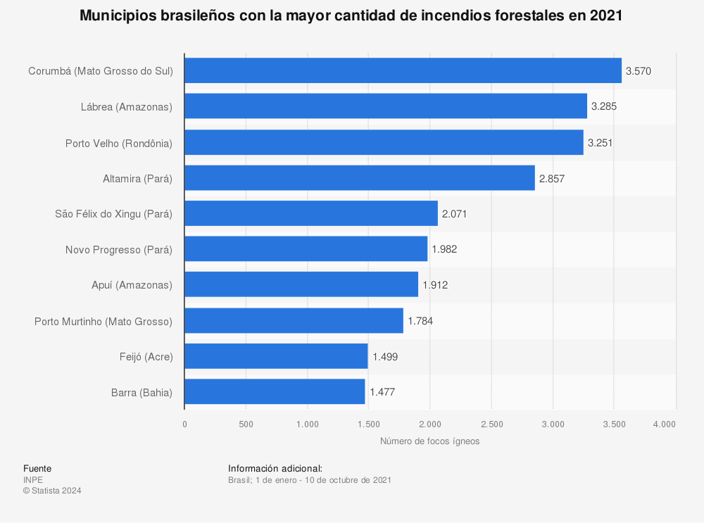 Estadística: Municipios brasileños con la mayor cantidad de incendios forestales en 2021 | Statista